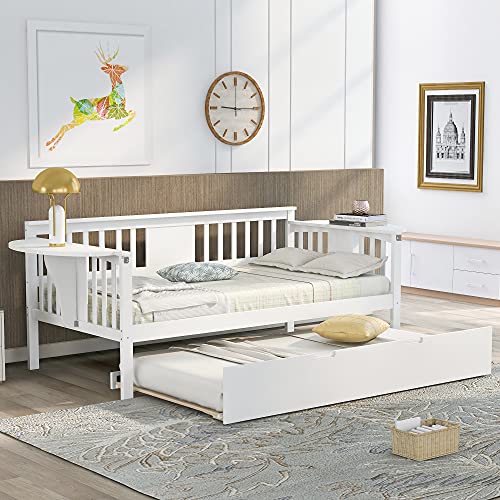 Lostcat Twin Daybed with Trundle, Twin Wood Daybed Bed Frame, Wood Storage DayBed Sofa Bed Frame, Solid Wood Daybed Twin Size Sofa Bed Frame with Wood Slat Support for Bedroom, Dorm, Guest Room, White - Lostcat