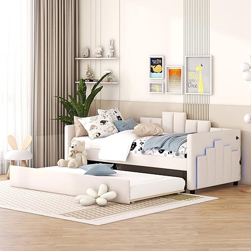 Lostcat Twin Daybed with Trundle, Upholstered Day Bed Sofa Bed with USB Ports, Modern Daybed Frame for Bedroom/Living Room, No Spring Box Need, Beige - Lostcat