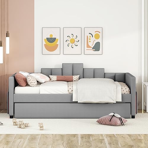 Lostcat Twin Daybed with Trundle, Upholstered Day Bed Sofa Bed with USB Ports, Modern Daybed Frame for Bedroom/Living Room, No Spring Box Need, Grey - Lostcat