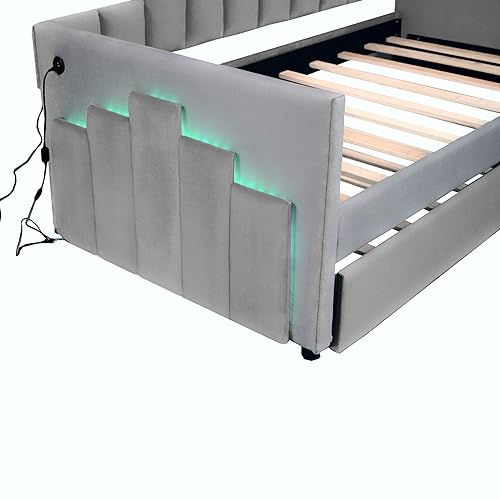 Lostcat Twin Daybed with Trundle, Upholstered Day Bed Sofa Bed with USB Ports, Modern Daybed Frame for Bedroom/Living Room, No Spring Box Need, Grey - Lostcat