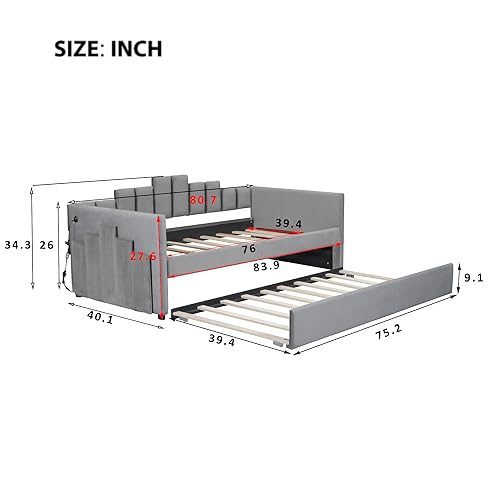 Lostcat Twin Daybed with Trundle, Upholstered Day Bed Sofa Bed with USB Ports, Modern Daybed Frame for Bedroom/Living Room, No Spring Box Need, Grey - Lostcat