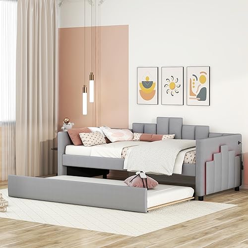 Lostcat Twin Daybed with Trundle, Upholstered Day Bed Sofa Bed with USB Ports, Modern Daybed Frame for Bedroom/Living Room, No Spring Box Need, Grey - Lostcat