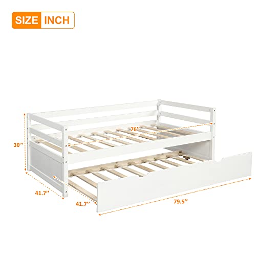 Lostcat Twin Daybed with Trundle, Wood Trundle Bed with Wood Slat Support, Mid Century Day Bed Frame for Living Room Guest Room, No Box Spring Needed, White - Lostcat