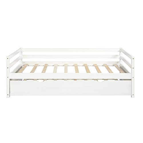 Lostcat Twin Daybed with Trundle, Wood Trundle Bed with Wood Slat Support, Mid Century Day Bed Frame for Living Room Guest Room, No Box Spring Needed, White - Lostcat