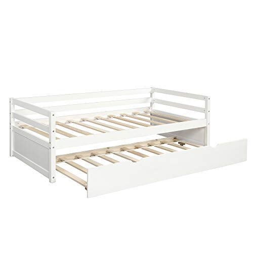 Lostcat Twin Daybed with Trundle, Wood Trundle Bed with Wood Slat Support, Mid Century Day Bed Frame for Living Room Guest Room, No Box Spring Needed, White - Lostcat