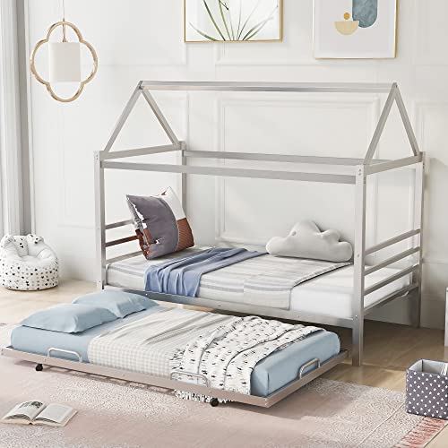 Lostcat Twin House Bed with Trundle, Kids Trundle Bed Twin House Bed with Roof Design Trundle Beds for Kids, Teens, Girls, Boys, No Box Spring Required, Silver - Lostcat