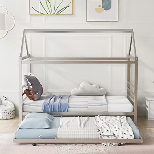 Lostcat Twin House Bed with Trundle, Kids Trundle Bed Twin House Bed with Roof Design Trundle Beds for Kids, Teens, Girls, Boys, No Box Spring Required, Silver - Lostcat