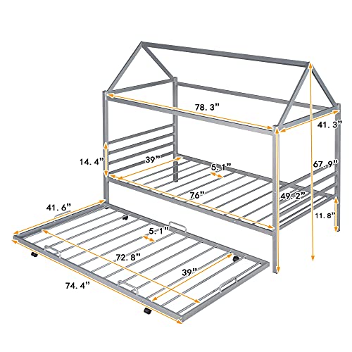 Lostcat Twin House Bed with Trundle, Kids Trundle Bed Twin House Bed with Roof Design Trundle Beds for Kids, Teens, Girls, Boys, No Box Spring Required, Silver - Lostcat