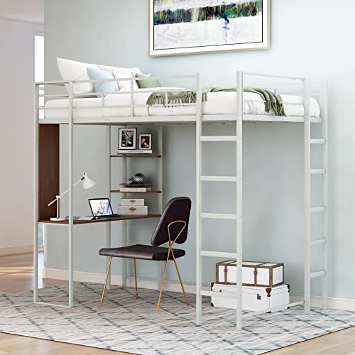 Lostcat Twin Loft Bed with 2 Shelves and one Desk,Metal Structure Bedframe with Safety Guardrail and Ladder,for Kids/Teen/Adults Bedroom,Silver - Lostcat