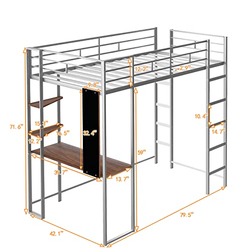 Lostcat Twin Loft Bed with 2 Shelves and one Desk,Metal Structure Bedframe with Safety Guardrail and Ladder,for Kids/Teen/Adults Bedroom,Silver - Lostcat