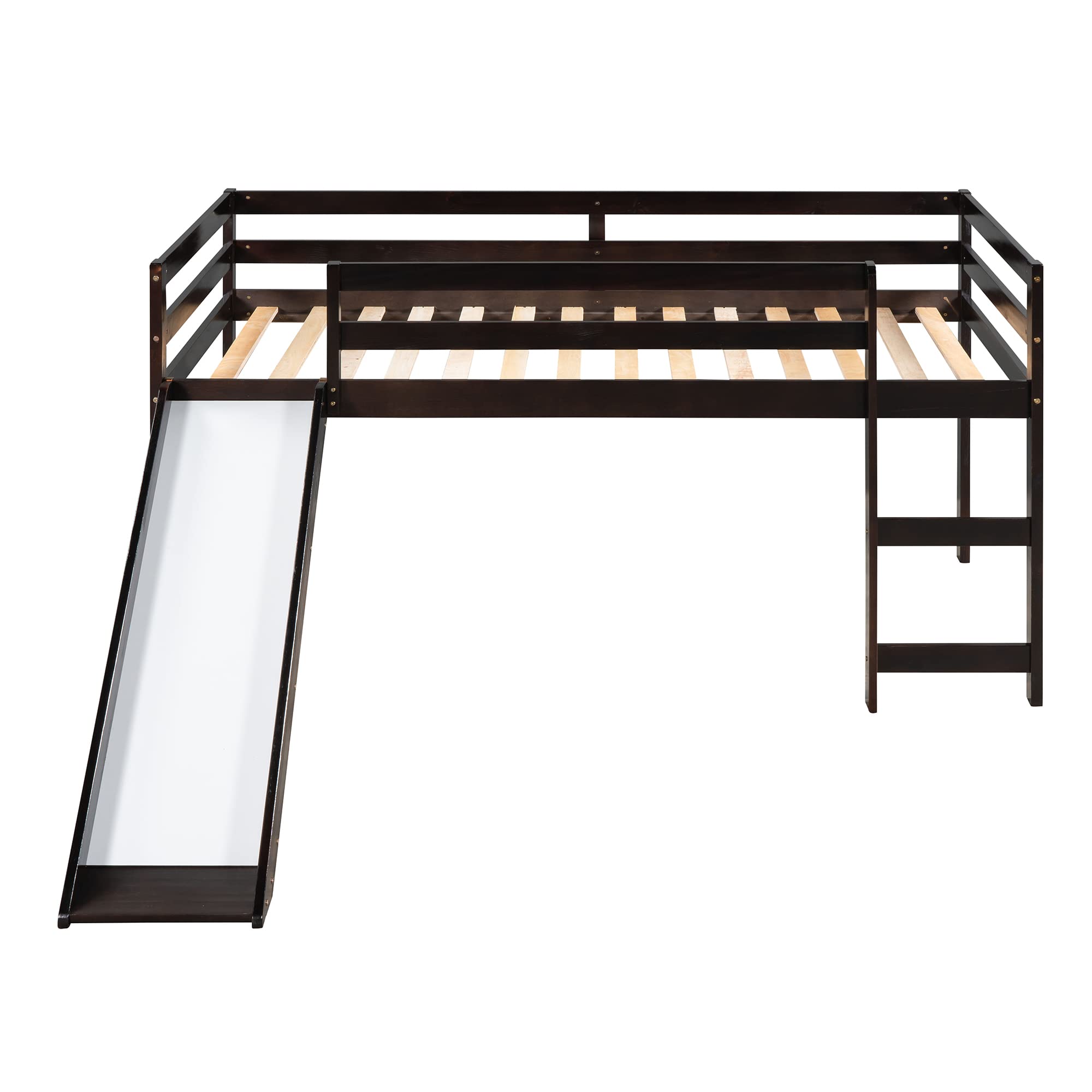 Lostcat Twin Loft Bed with Slide, Low Loft Bed with Stairs and Chalkboard, Wood Twin Bed Frame for Kids with Slide, Space-Saving Wooden Child Bed Frame for Boys or Girls, Espresso - Lostcat