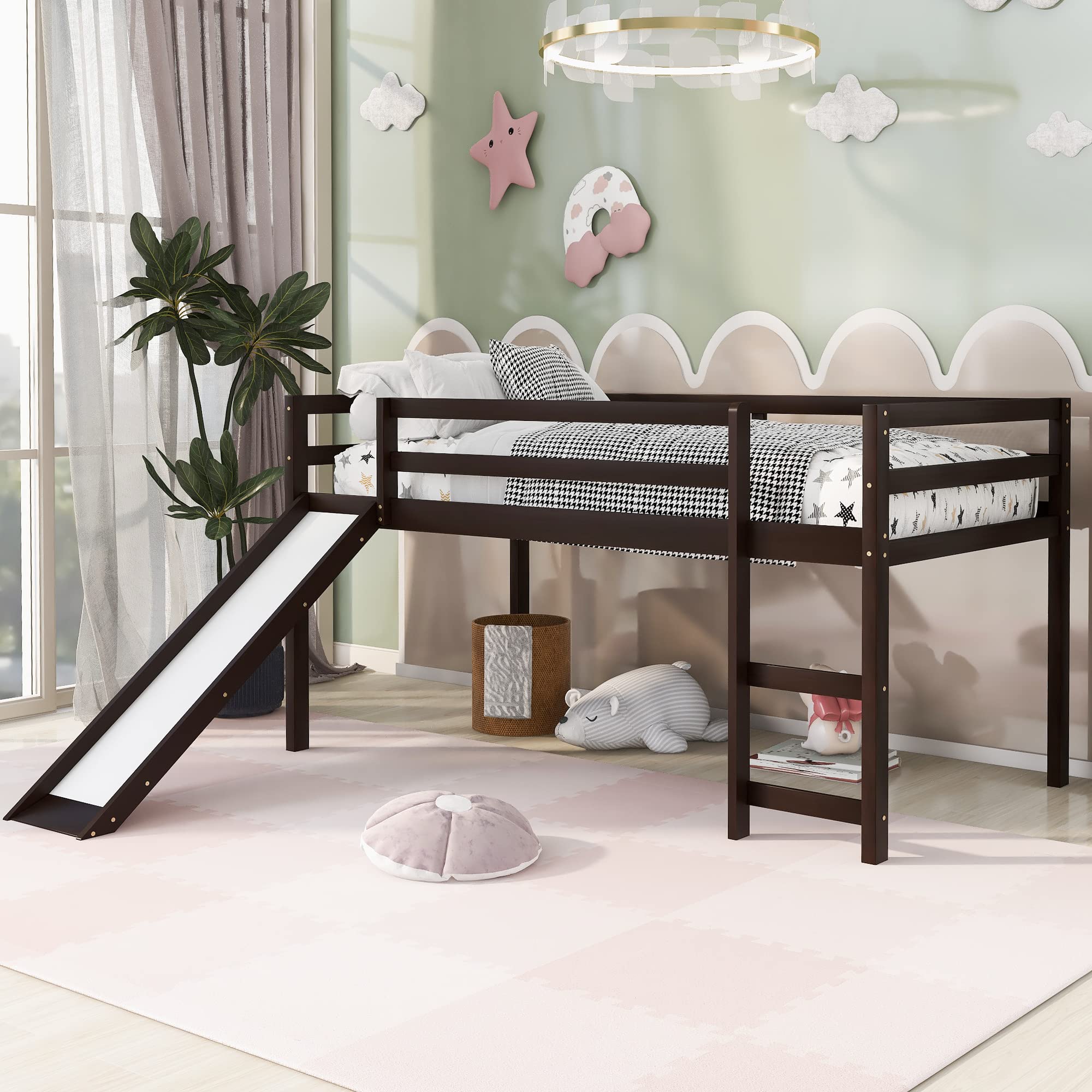 Lostcat Twin Loft Bed with Slide, Low Loft Bed with Stairs and Chalkboard, Wood Twin Bed Frame for Kids with Slide, Space-Saving Wooden Child Bed Frame for Boys or Girls, Espresso - Lostcat