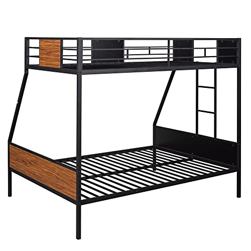 Lostcat Twin-Over-Full Bunk Bed Modern Style Steel Frame Bunk Bed with Safety Rail, Built-in Ladder for Bedroom, Dorm, Boys, Girls, Adults, No Box Spring Needed, Black - Lostcat