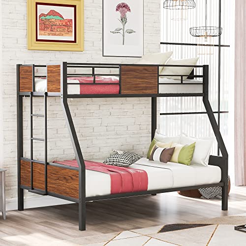 Lostcat Twin-Over-Full Bunk Bed Modern Style Steel Frame Bunk Bed with Safety Rail, Built-in Ladder for Bedroom, Dorm, Boys, Girls, Adults, No Box Spring Needed, Black - Lostcat