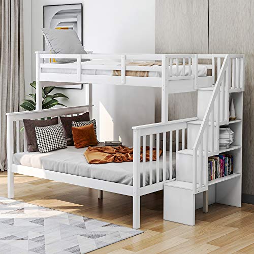 Lostcat Twin Over Full Bunk Bed, Solid Pinewood Bunk Bed with Storage, Safety Guardrails and 4- Steps Staircase for Kids/Teen/Adults,Can Be Separated Into Twin/Full Size Bed,No Box Spring Needed,White - Lostcat