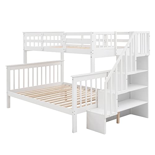 Lostcat Twin Over Full Bunk Bed, Solid Pinewood Bunk Bed with Storage, Safety Guardrails and 4- Steps Staircase for Kids/Teen/Adults,Can Be Separated Into Twin/Full Size Bed,No Box Spring Needed,White - Lostcat