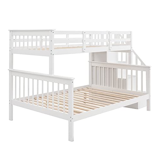 Lostcat Twin Over Full Bunk Bed, Solid Pinewood Bunk Bed with Storage, Safety Guardrails and 4- Steps Staircase for Kids/Teen/Adults,Can Be Separated Into Twin/Full Size Bed,No Box Spring Needed,White - Lostcat