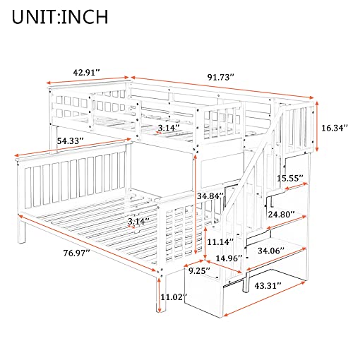 Lostcat Twin Over Full Bunk Bed, Solid Pinewood Bunk Bed with Storage, Safety Guardrails and 4- Steps Staircase for Kids/Teen/Adults,Can Be Separated Into Twin/Full Size Bed,No Box Spring Needed,White - Lostcat