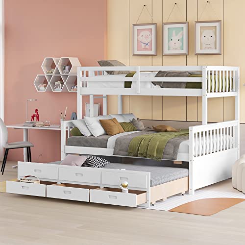 Lostcat Twin Over Full Bunk Bed with Twin Size Trundle, Heavy Duty Separable Bunk Bed with Three Drawers with Ladder & Safety Guard Rails, for Kid Teen Adult, Space Saving & No Box Spring Need,White - Lostcat
