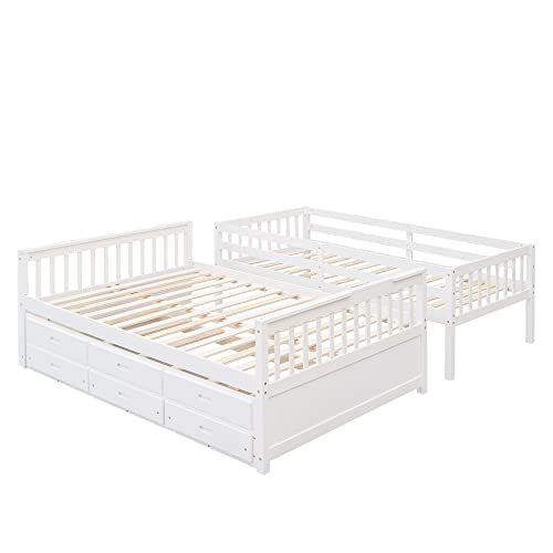 Lostcat Twin Over Full Bunk Bed with Twin Size Trundle, Heavy Duty Separable Bunk Bed with Three Drawers with Ladder & Safety Guard Rails, for Kid Teen Adult, Space Saving & No Box Spring Need,White - Lostcat