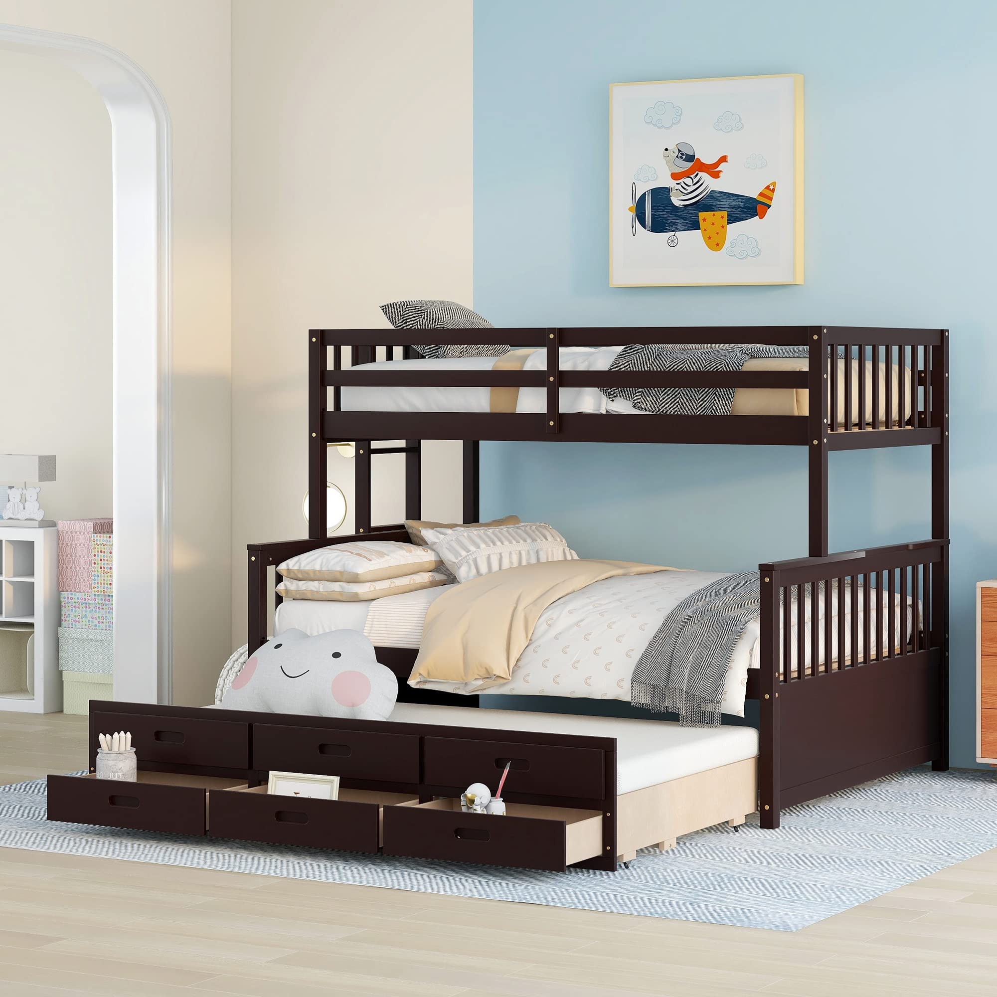 Lostcat Twin Over Full Bunk Bed with Twin Size Trundle, Heavy Duty Separable Bunk Bed with Three Drawers with Ladder & Safety Guard Rails, for Kid Teen Adult,Space Saving & No Box Spring Need,Espresso - Lostcat