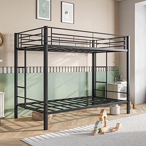 Lostcat Twin Over Twin Bunk Bed, Metal Bunk Bed, Metal Bunk Bed Frame, Bunk Bed Frame with Ladder and Guardrail, Easy Assembly Full Size Bunk Bed Frame for Children, Teenagers and Adults, Black - Lostcat