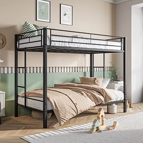 Lostcat Twin Over Twin Bunk Bed, Metal Bunk Bed, Metal Bunk Bed Frame, Bunk Bed Frame with Ladder and Guardrail, Easy Assembly Full Size Bunk Bed Frame for Children, Teenagers and Adults, Black - Lostcat