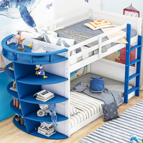 Lostcat Twin Over Twin Bunk Bed with Five-Step Oversized Storage Shelf, Low Floor Solid Wood Bed Frame for for Boys Girls Teens for Kids Room, Dorms, Apartments, No Box Spring Need, White+Blue - Lostcat