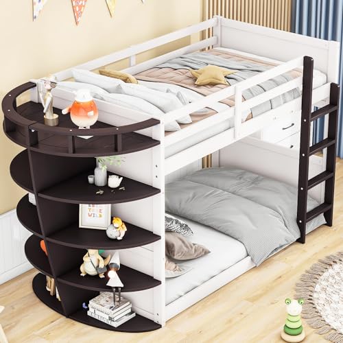 Lostcat Twin Over Twin Bunk Bed with Five-Step Oversized Storage Shelf, Low Floor Solid Wood Bed Frame for for Boys Girls Teens for Kids Room, Dorms, Apartments, No Box Spring Need, White+Espresso - Lostcat
