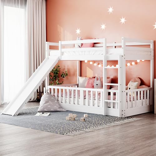 Lostcat Twin Over Twin Bunk Bed with Slide, Low Floor Bunk Bed for Kids Toddlers, Wood Low Frame with Ladder and Fence for Boys Girls Teens, No Box Spring Needed, Easy to Assemble, White - Lostcat