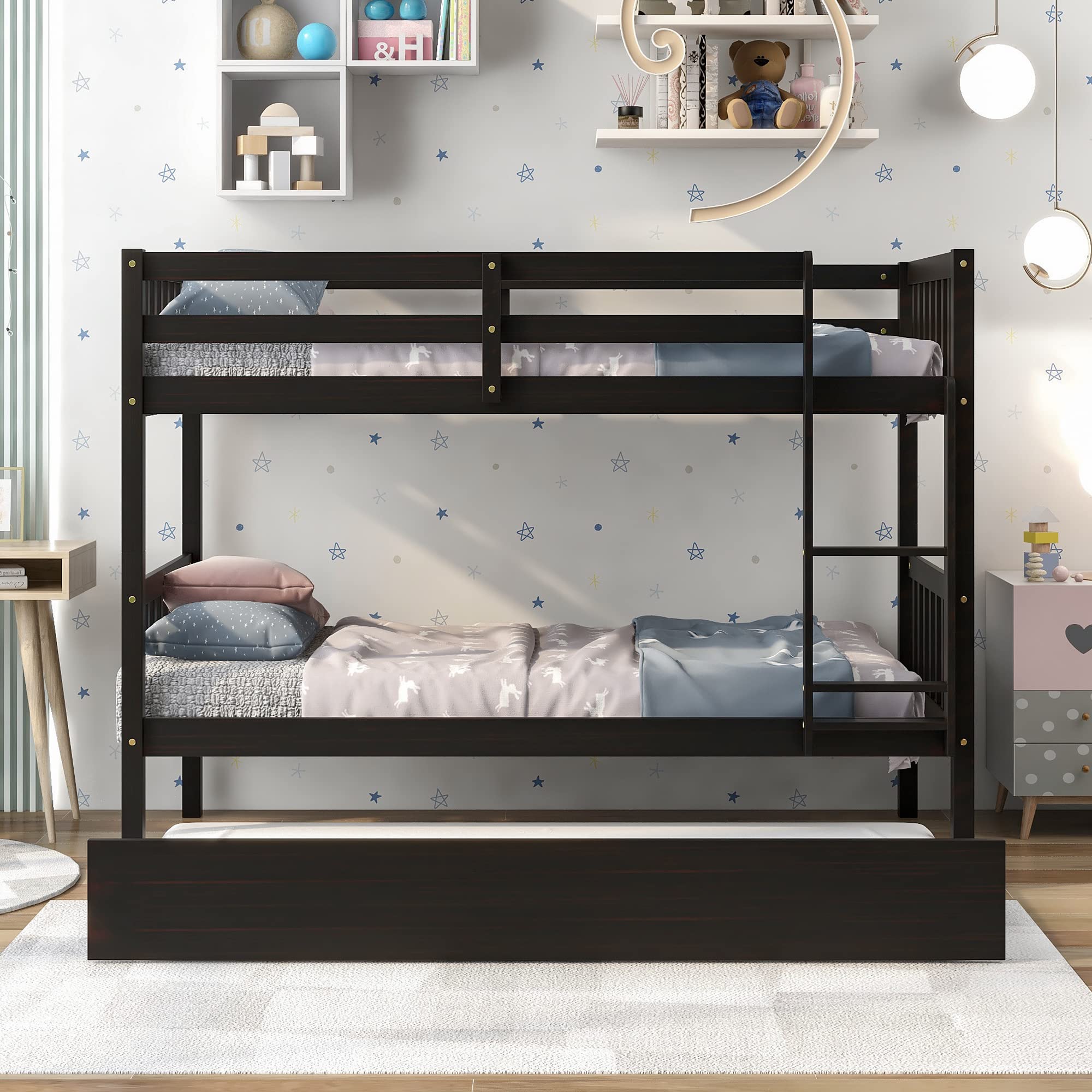 Lostcat Twin Over Twin Bunk Bed with Trundle, Heavy Duty Bunk Beds Frame with Safety Guardrails and Ladders for Kids/Teen/Adults, No Box Spring Needed, Easy to Assemble, Black - Lostcat