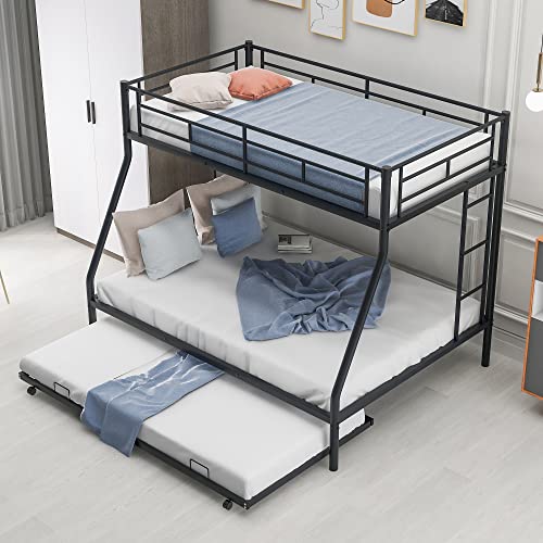 Lostcat Twin Over Twin Bunk Bed with Trundle, Heavy Duty Bunk Beds Frame with Safety Guardrails and ladders for Kids/Teen/Adults, No Box Spring Needed, Easy to Assemble, Black - Lostcat