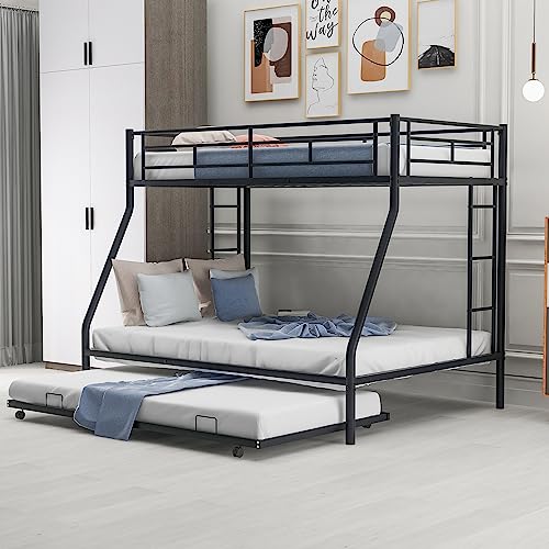Lostcat Twin Over Twin Bunk Bed with Trundle, Heavy Duty Bunk Beds Frame with Safety Guardrails and ladders for Kids/Teen/Adults, No Box Spring Needed, Easy to Assemble, Black - Lostcat