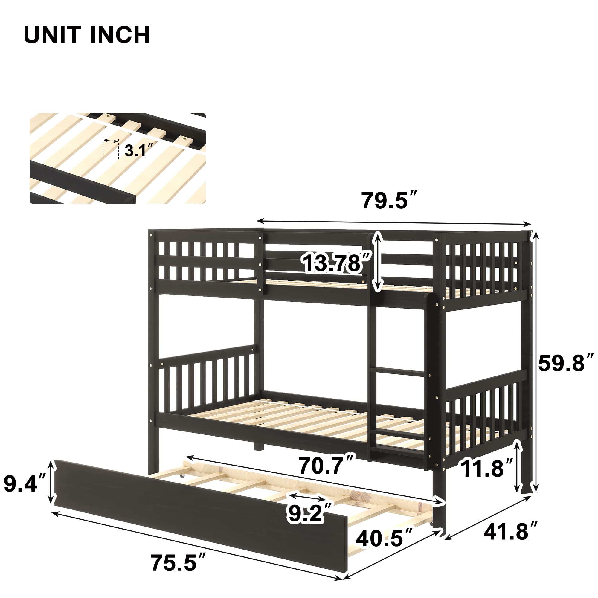 Lostcat Twin Over Twin Bunk Bed with Trundle, Heavy Duty Bunk Beds Frame with Safety Guardrails and Ladders for Kids/Teen/Adults, No Box Spring Needed, Easy to Assemble, Black - Lostcat