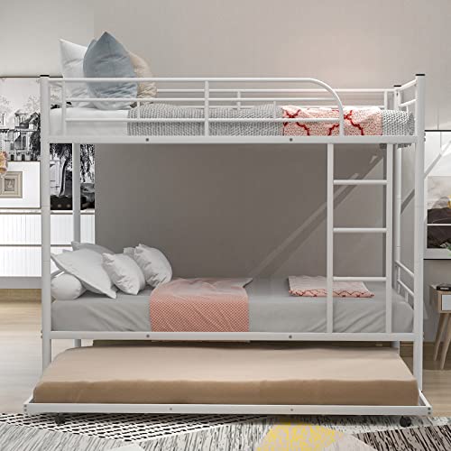Lostcat Twin Over Twin Bunk Bed with Trundle,Heavy Duty Twin Size Bunk Beds Frame with Safety Guardrails and ladders for Kids/Teen/Adults,No Box Spring Needed,White - Lostcat