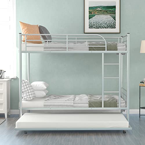 Lostcat Twin Over Twin Bunk Bed with Trundle,Heavy Duty Twin Size Bunk Beds Frame with Safety Guardrails and ladders,Can be Divided Into Two Beds,for Kids/Teen/Adults,No Box Spring Needed,White - Lostcat