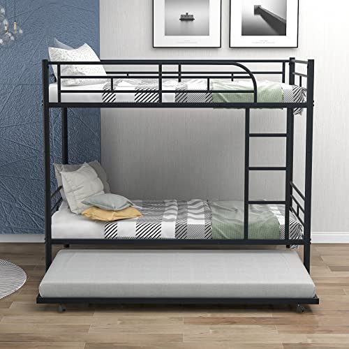 Lostcat Twin Over Twin Bunk Bed with Trundle,Heavy Duty Twin Size Bunk Beds Frame w/Safety Guardrails and ladders,Can be Divided Into Two Beds,for Kids/Teen/Adults,No Box Spring Needed,Black - Lostcat
