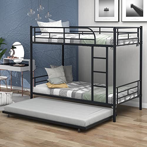 Lostcat Twin Over Twin Bunk Bed with Trundle,Heavy Duty Twin Size Bunk Beds Frame w/Safety Guardrails and ladders,Can be Divided Into Two Beds,for Kids/Teen/Adults,No Box Spring Needed,Black - Lostcat