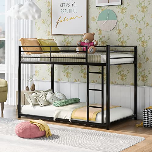 Lostcat Twin Over Twin Floor Bunk Bed, Low Metal Bed Frame Whit Safety Guardrail and Ladder, No Box Spring Needed, Easy to Assemble, for Girls, Boys, Toddlers, Black - Lostcat