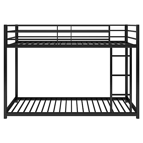 Lostcat Twin Over Twin Floor Bunk Bed, Low Metal Bed Frame Whit Safety Guardrail and Ladder, No Box Spring Needed, Easy to Assemble, for Girls, Boys, Toddlers, Black - Lostcat