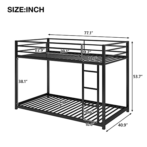 Lostcat Twin Over Twin Floor Bunk Bed, Low Metal Bed Frame Whit Safety Guardrail and Ladder, No Box Spring Needed, Easy to Assemble, for Girls, Boys, Toddlers, Black - Lostcat