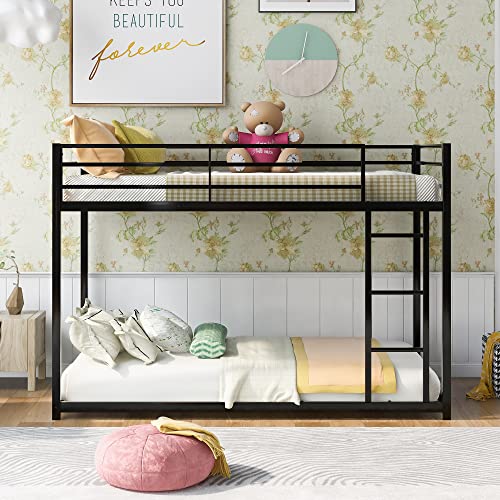 Lostcat Twin Over Twin Floor Bunk Bed, Low Metal Bed Frame Whit Safety Guardrail and Ladder, No Box Spring Needed, Easy to Assemble, for Girls, Boys, Toddlers, Black - Lostcat