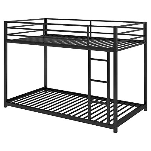 Lostcat Twin Over Twin Floor Bunk Bed, Low Metal Bed Frame Whit Safety Guardrail and Ladder, No Box Spring Needed, Easy to Assemble, for Girls, Boys, Toddlers, Black - Lostcat