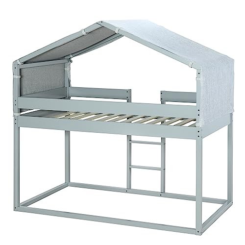 Lostcat Twin Over Twin House Bunk Bed, Wood Floor Bunk Bed with Tent, Twin Playhouse Bed Frame for Kids, Girls Boys/Bedroom, No Noise, No Box Spring Required, (Grey) - Lostcat