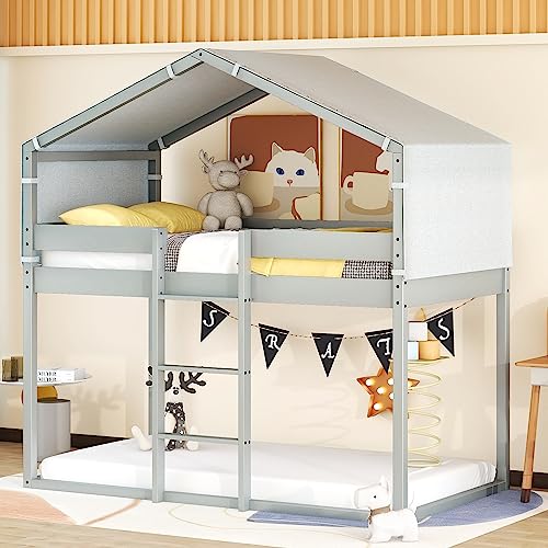 Lostcat Twin Over Twin House Bunk Bed, Wood Floor Bunk Bed with Tent, Twin Playhouse Bed Frame for Kids, Girls Boys/Bedroom, No Noise, No Box Spring Required, (Grey) - Lostcat