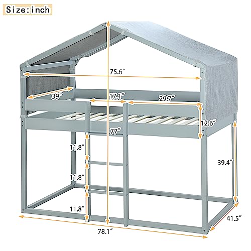 Lostcat Twin Over Twin House Bunk Bed, Wood Floor Bunk Bed with Tent, Twin Playhouse Bed Frame for Kids, Girls Boys/Bedroom, No Noise, No Box Spring Required, (Grey) - Lostcat