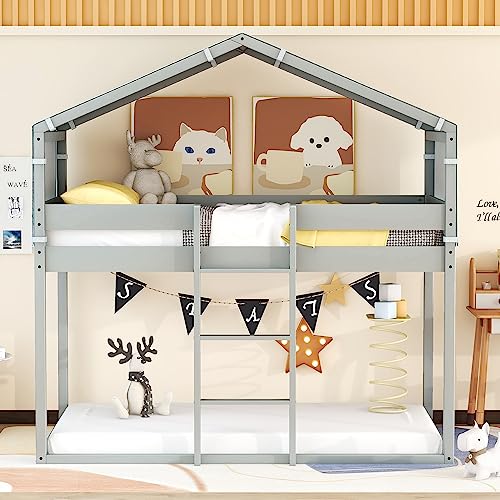 Lostcat Twin Over Twin House Bunk Bed, Wood Floor Bunk Bed with Tent, Twin Playhouse Bed Frame for Kids, Girls Boys/Bedroom, No Noise, No Box Spring Required, (Grey) - Lostcat