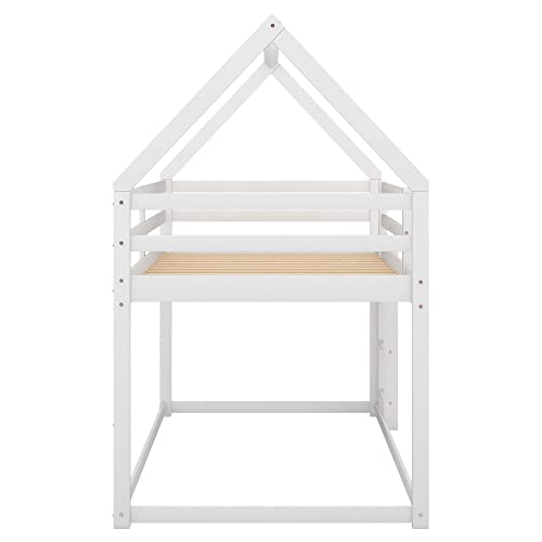 Lostcat Twin Over Twin Low Bunk Bed,House-Shaped Solid Pine Wood Bed Frame w/Safety Guardrail & Ladder,No Box Spring Needed,Suitable for Girls,Boys,Kids (White) - Lostcat