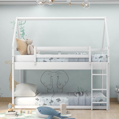 Lostcat Twin Over Twin Low Bunk Bed,House-Shaped Solid Pine Wood Bed Frame w/Safety Guardrail & Ladder,No Box Spring Needed,Suitable for Girls,Boys,Kids (White) - Lostcat