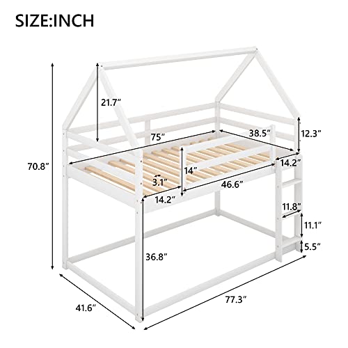 Lostcat Twin Over Twin Low Bunk Bed,House-Shaped Solid Pine Wood Bed Frame w/Safety Guardrail & Ladder,No Box Spring Needed,Suitable for Girls,Boys,Kids (White) - Lostcat